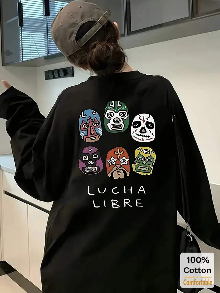 女士长袖棉质川剧脸谱印花T恤，宽松中长款，黑色，秋冬时尚 - 黑色 - 查看 1