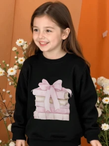 Tween Girl Back To School Cute Book & Bowknot Print Crewneck Pullover Sweatshirt - Soft, Machine Washable, Versatile - Fall Winter Casual Daily Outfits (New Fall Fashion, Halloween ) - Black - View 6