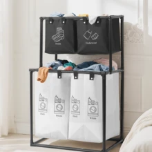 Senmeo Upgraded 2-Tier Divided Laundry Hamper - 4 Removable Canvas Bags (Wear-Resistant & Waterproof) - Easy To Assemble - Ideal For Storing Family Clothes, Bedding, Cotton Items - Laundry Basket & Toy Organizer - trắng - Xem 2