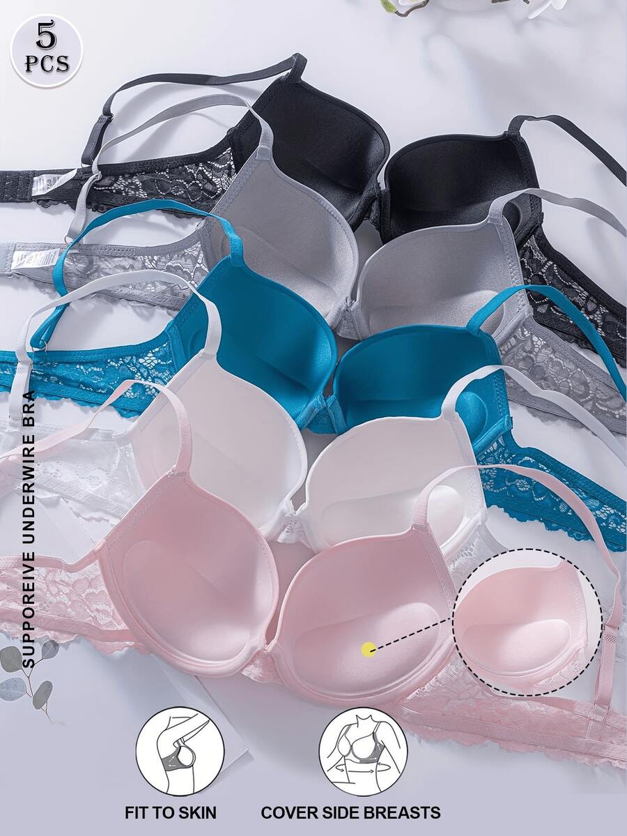 5件装女士聚拢文胸，舒适透气钢圈文胸 - 彩色 - 查看 1
