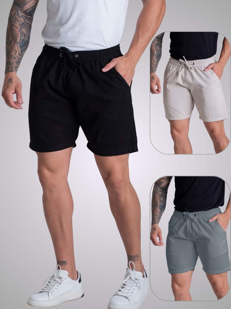 Kit 3 Shorts Masculino Mauricinho Sarja Brim Bermuda Masculina Colorida Qualidade Premium - Cinza/Bege/Preto - Visão 12