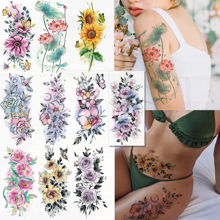 Watercolor Flower Temporary Tattoos For Women Girls - 10 Large Sheets Sexy Floral Fake Tattoos For Body Art (Arm, Back)