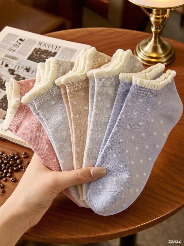 5 pares de calcetines de tobillo con volantes y lunares de colores para mujer, calcetines invisibles, transpirables y cómodos, adecuados para primavera/verano, colores surtidos