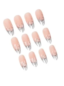 Sanrio Verbessern Sie Ihr Aussehen mit einem 24er-Set mittelgroßer mandelförmiger Kunstnägel - mit modernem, lässigem, minimalistischem, elegantem und süßem hellrosa Design, sowie einem einzigartigen dunkel-punkigen Stil, 3D-metallisch aussehenden silbernen Dorn- und Herzprägungen und coolen silbernen flüssig-artigen Dornmustern im französischen Stil.