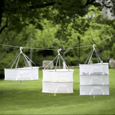 三层便携式网状晾衣架，可折叠，适用于晾晒花蕾、水果、水培花卉、蔬菜、鱼类、衣物、玩偶——节省空间的多用途收纳架，适用于小房间、阳台和厨房，可用于存放新鲜香草、微型蔬菜、植物、衣物和进行各种爱好项目。