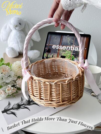 <Der Korb, der mehr als nur Blumen hält>, handgeflochtener Rattan-Korb mit Schleife, bohemisches Hochzeitsfoto-Requisit, Strand-Picknick-Dekoration, Sommerfest, Brautgeschenk für Outdoor, Foto-Accessoire