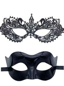 2 件黑色蕾丝和塑料情侣化妆舞会面具，适合男女参加化妆舞会、派对万圣节