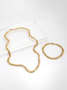 男士嘻哈風鈦鋼項鍊手鐲套裝,1條項鍊和1只手鐲 - 銀色 - 查看 5