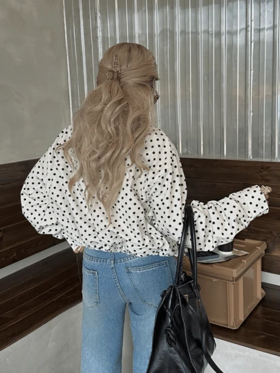 Spring & Summer Casual Elegant Vacation White Polka Dot Bomber Jacket, Short Cropped Streetwear Y2K Style Sporty Jacket For Girls