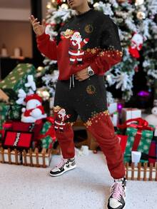 New Fashionable Christmas Santa Claus Print Red Round Neck Sweatshirt & Pants Set, Men Style., Fall Clothes