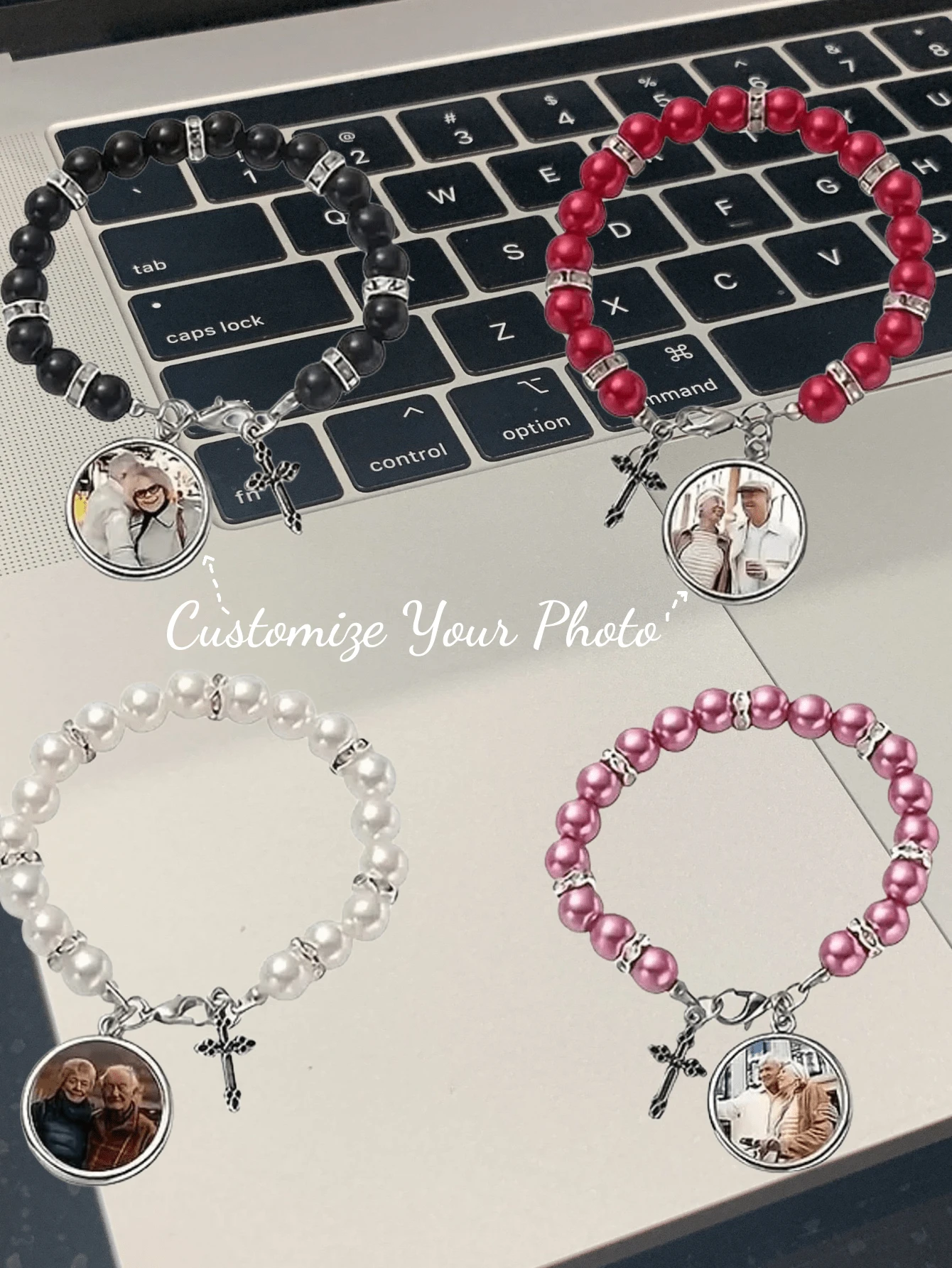 1 Pulsera personalizada con foto - Pulsera de diseño de perlas falsas - Joyería personalizada con foto de familia/pareja/mascota, pulsera elegante y vintage con cuentas. Disponible en negro, rojo, blanco, morado. El regalo perfecto para ella/él, adecuado para aniversario, Navidad, Halloween, Acción de Gracias, Año Nuevo, cumpleaños o como accesorio de . Con diseño clásico y adornos brillantes.