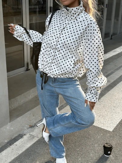 Spring & Summer Casual Elegant Vacation White Polka Dot Bomber Jacket, Short Cropped Streetwear Y2K Style Sporty Jacket For Girls
