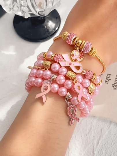 Elegantes Armband mit Schleifenanhänger und Perlen, modisches Schmuckzubehör, Geschenk für Brustkrebs-Bewusstsein für Frauen