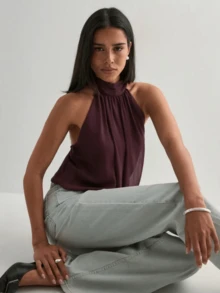 Women's Summer Solid Pleated Halter Neck Sleeveless Chiffon Blouse Tops - 紫色 - 查看 2