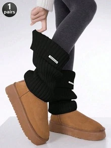 Calentadores de piernas de punto de unicolor para mujer de los años 80 con etiqueta metálica (el texto de la etiqueta metálica es aleatorio), acanalados, para usar al aire libre como accesorio de moda, uso casual en otoño/invierno, Y2k, cálidos