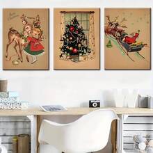 1/3pcs Vintage Christmas Art Decoration Available With Wooden Frame Reindeer And Girls Canvas Posters, Decorated In Classic Modern Style, Animal Themed Wall Decorations For Living Rooms, Bedrooms, Home Offices, And Indoor Use