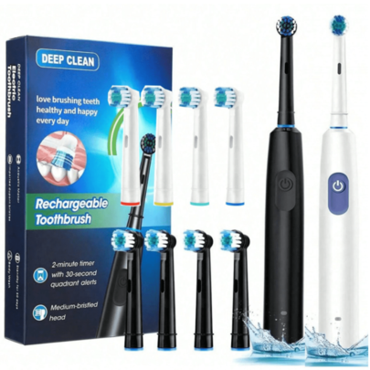 Black/White Rotating Electric Toothbrush, Fully Automatic Teeth Cleaner For Adults With 3D Cleaning Vibration, Rotating, Pulsing, Timing, 5 Modes (Whitening, Cleaning, Sensitive, Polishing, And Massage) With 4 Replacement Soft Brush Heads And Type-C Charging Cable(600mAh)