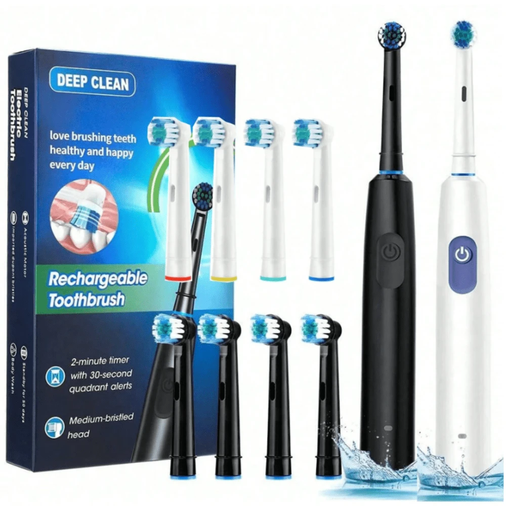 Black/White Rotating Electric Toothbrush, Fully Automatic Teeth Cleaner For Adults With 3D Cleaning Vibration, Rotating, Pulsing, Timing, 5 Modes (Whitening, Cleaning, Sensitive, Polishing, And Massage) With 4 Replacement Soft Brush Heads And Type-C Charging Cable(600mAh) - màu đen - Xem 1