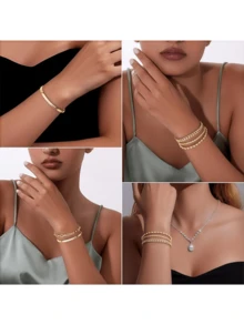 5 件 18K 镀金不锈钢女士手链套装，包括马衔铁链、编织链、回形针链、扁平蛇形链、可叠戴金色手链，波西米亚风格，优雅珠宝 - 堆疊的手鍊 - 查看 4