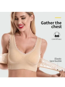 3PCS-The Front Cross Side Buckle Lace Bezel-Free Sports Bra Seamlessly Converging And Adjustable Yoga Sleep Plus-Size Underwear - 黑色+膚色+紫色 - 查看 5