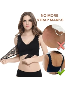 3PCS-The Front Cross Side Buckle Lace Bezel-Free Sports Bra Seamlessly Converging And Adjustable Yoga Sleep Plus-Size Underwear - 黑色+膚色+紫色 - 查看 3