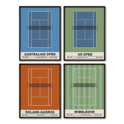 4pcs/Set Modern Wall Art Posters, Tennis Court Art Set - Grand Slam & US/Australian Open Prints, Sports Wall Decor For Gym, Australia, US, Roland-Garros, Wimbledon, Framed Or Unframed, Room Decor, Home Decor, College Dorm Apartment Decor, Gifts For Wall Decoration In Hotel, Home, Living Room, Bedroom, Bathroom And Office