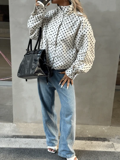 Spring & Summer Casual Elegant Vacation White Polka Dot Bomber Jacket, Short Cropped Streetwear Y2K Style Sporty Jacket For Girls