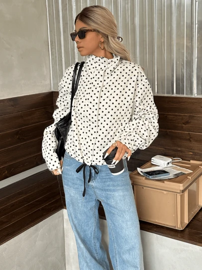 Spring & Summer Casual Elegant Vacation White Polka Dot Bomber Jacket, Short Cropped Streetwear Y2K Style Sporty Jacket For Girls