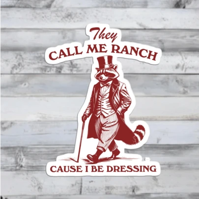 1 PIEZA "Me llaman Ranch porque me visto" Pegatina de mapache - Decoración de animal occidental con juego de palabras, arte retro de mapache, vinilo resistente al agua para portátil, botella de agua, diario, cuaderno, casco y regalo para amantes del estilo atrevido