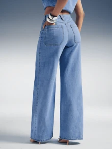 Denim Azul Jeans de Pierna Ancha con Cintura Alta y Cordón para Mujer Estilo Casual de Calle  Mezcla de Lyocell Cómoda, Ideal para el Uso Diario y Atuendos Elegantes` - Azul - Ver 3