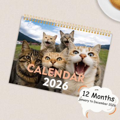 "Cats And Friends" 2026 Wall Calendar – 12-Month Funny Cat Selfies Series, Cute & Silly Cat Photos, Large 25x37cm Planner