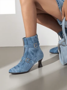Fashionable For Women Denim Ankle Boots Low Kitten Heel Pointed Toe With Zip Buckles Strap Boots Casual Dress Party Wedding Halloween Denim Blue Short Boots Women - 藍色 - 查看 6