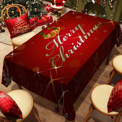 1/20 Pcs Christmas Tablecloth, Red Background, Text Pattern Print Design Tablecloth, Polyester Fiber, Rectangular Tablecloth, Suitable For Home, Kitchen, Indoor/Outdoor Dining, Party Decoration, Merry Christmas