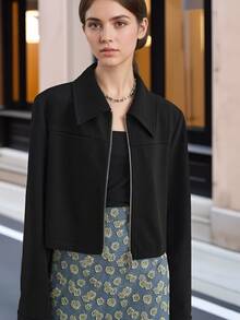 New Black Short Jacket For Women, Slim Fit, Minimalist, Versatile, Padded Shoulder Design, Short Cardigan - Black - View 3