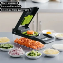 Set di utensili da cucina multifunzionali 14-in-1, include tritatutto manuale per verdure, affettatrice per frutta, grattugia per alimenti, tritatutto per cipolle e grattugia per patate con contenitore, ottimo per grigliate e cottura all'aperto