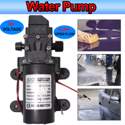 Bomba de agua autocebante de diafragma (1 unidad), 12 V CC, 70 W, 130 psi, sistema fácil de instalar y conectar, funciona en seco sin sistema, totalmente sellada, presión estable, autocebante, funcionamiento silencioso, bajo consumo de energía, para lavadoras de autos, sistemas de agua con energía solar, equipos de agua con control remoto, en algunos lugares donde se necesita controlar el interruptor con frecuencia, en otros donde se ahorra energía, etc. (Negro)