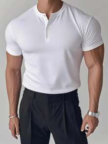 Áo thun nam tay ngắn cổ Henley màu trơn, kiểu dáng thường ngày, thích hợp cho mùa hè. - trắng - Xem 1