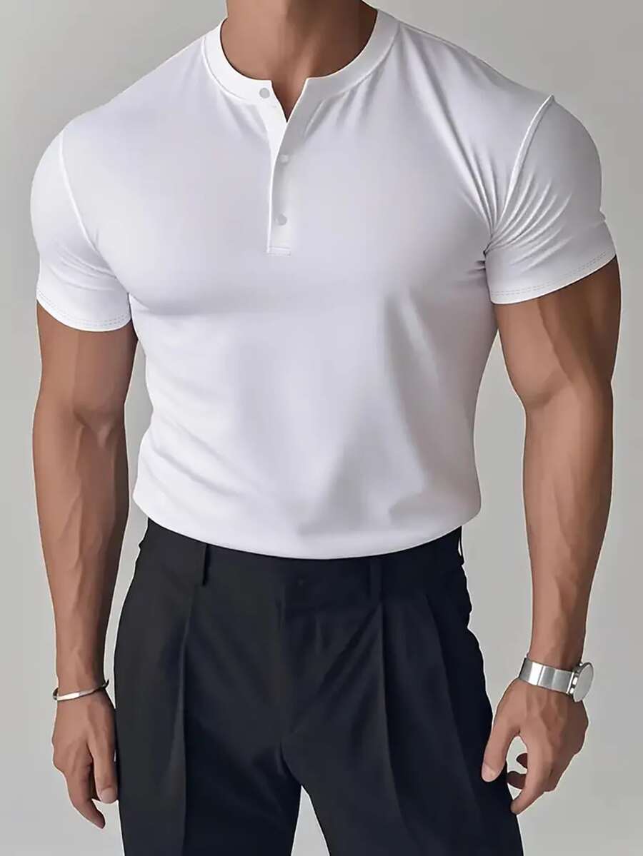Áo thun nam tay ngắn cổ Henley màu trơn, kiểu dáng thường ngày, thích hợp cho mùa hè. - trắng - Xem 1