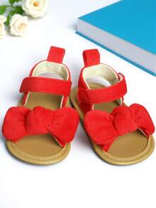 1 par de sandalias planas con decoración de lazo rojo, lindas y apropiadas para el verano - Rojo - Ver 9