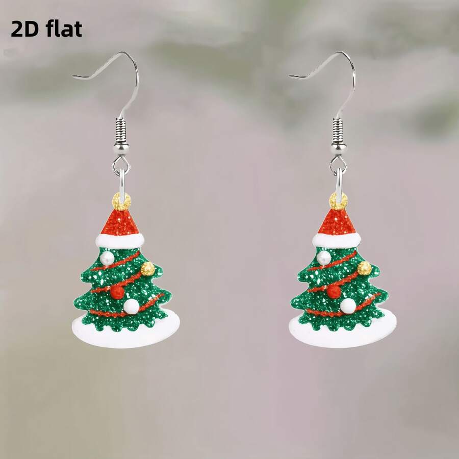 2D Flat Christmas Tree Earrings: Sparkly Xmas Tree Element For Holiday Parties, Festive Outfits. Ideal Gift For Christmas Lovers, Women & Girls Into Cute Seasonal Jewelry