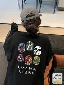 女士长袖棉质川剧脸谱印花T恤，宽松中长款，黑色，秋冬时尚 - 黑色 - 查看 3