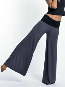 Women Fold Over Yoga Pants Low Rise Flare Leggings Stretchy Wide Leg Pants Lounge Sweatpants Streetwear - 深色水洗藍 - 查看 4