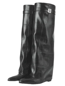 Luxury Fashion Women Fold Over Pointy Pull-On Shark Boots Women Wide Calf Padlock Boots Nightclub Elegant Shoes - 黑色石頭紋 - 查看 2