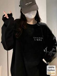 女士长袖棉质川剧脸谱印花T恤，宽松中长款，黑色，秋冬时尚 - 黑色 - 查看 2