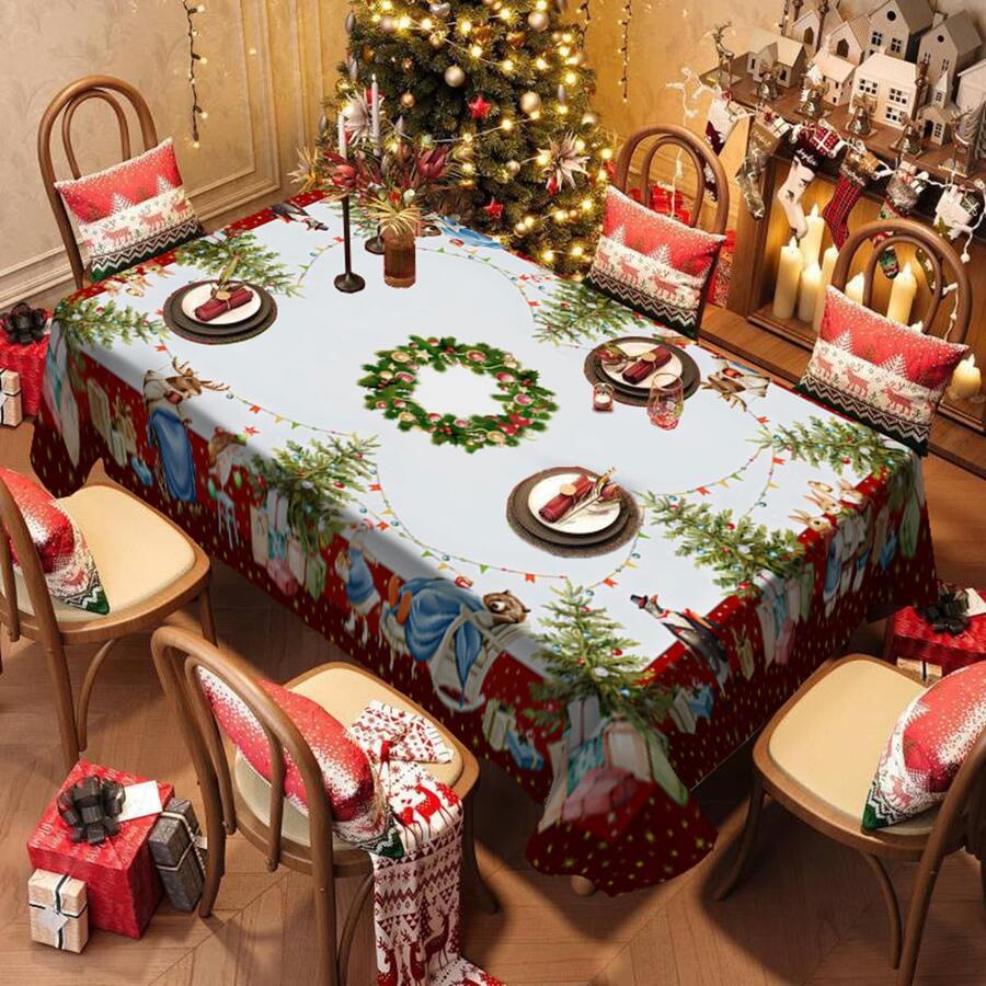 1/20pcs Rectangular Polyester Tablecloth With Christmas Ball And Gift Box Pattern, Suitable For Home Kitchen, Living Room, Dining Room, Balcony Coffee Table, Holiday Party, Outdoor Picnic Decoration, Christmas Decoration.