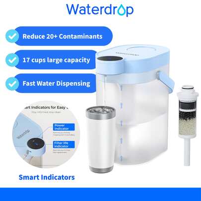 Waterdrop FreshTaste ä Electric Water Filter Jug, 4L Water Filter Dispenser For Refrigerator, Reduces Limescale, Chlorine, Lead, Copper, Cleans, White (Replacement Filter: WD-EWFS)