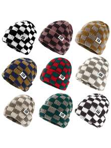 1 件 2025 新款冬季针织帽女士男士羊毛面料格子几何图案骷髅帽 Ins 奢侈品牌 Y2k 帽子厚重保暖渔夫帽软呢帽休闲帽 - 菱形 - 查看 5