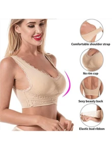 3PCS-The Front Cross Side Buckle Lace Bezel-Free Sports Bra Seamlessly Converging And Adjustable Yoga Sleep Plus-Size Underwear - 黑色+膚色+紫色 - 查看 4