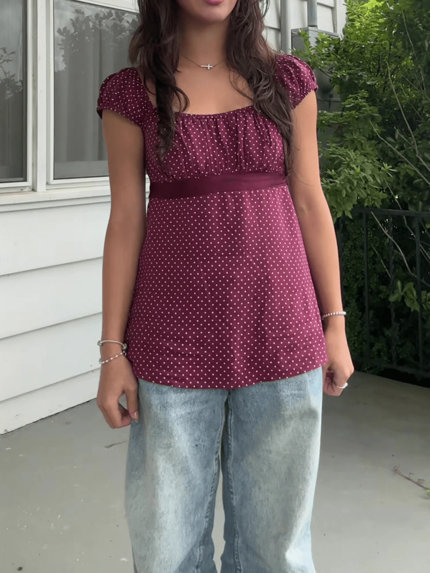 Women's Polka Dots Print Scoop Neck Slim Fit Tops Puff Short Sleeve Tie Front T Shirt - Màu Đỏ Sâu - Xem 1