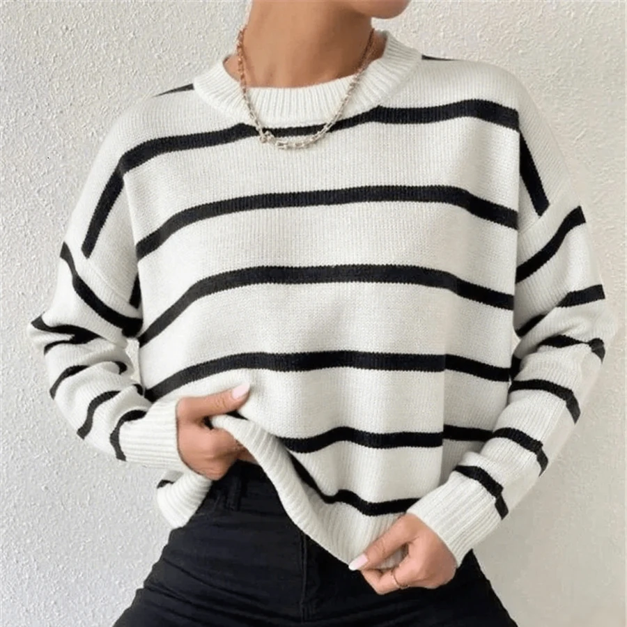 1 pezzo Maglione a costine con contrasto di colore a righe, stile casual college, adatto per autunno/inverno, abbigliamento esterno da donna taglie forti